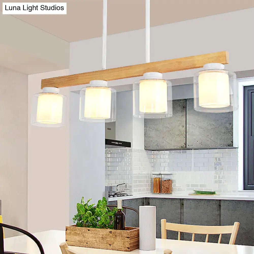 Wood Glass Cylinder Four-Light Pendant