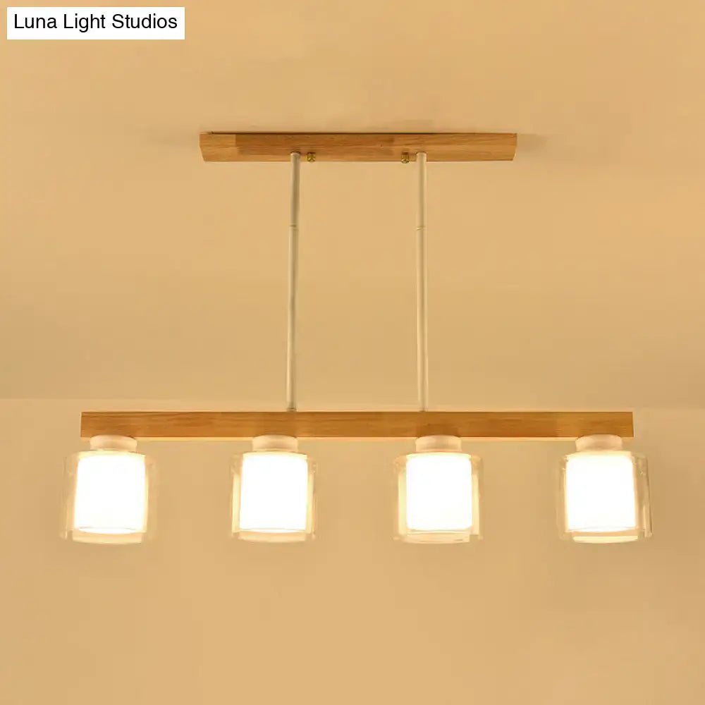 Wood Glass Cylinder Four-Light Pendant