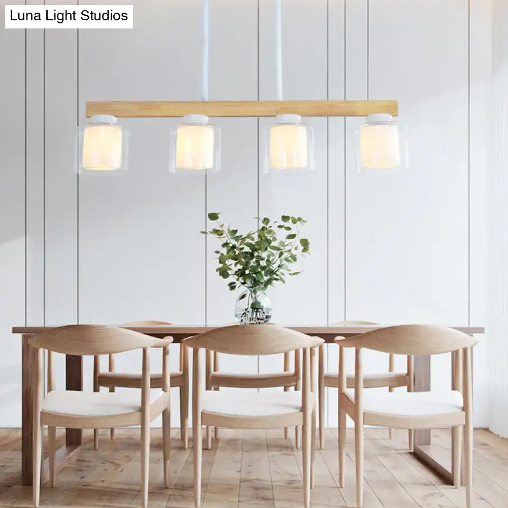 Wood Glass Cylinder Four-Light Pendant