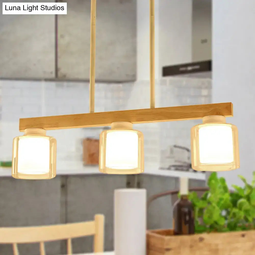 Wood Glass Cylinder Four-Light Pendant