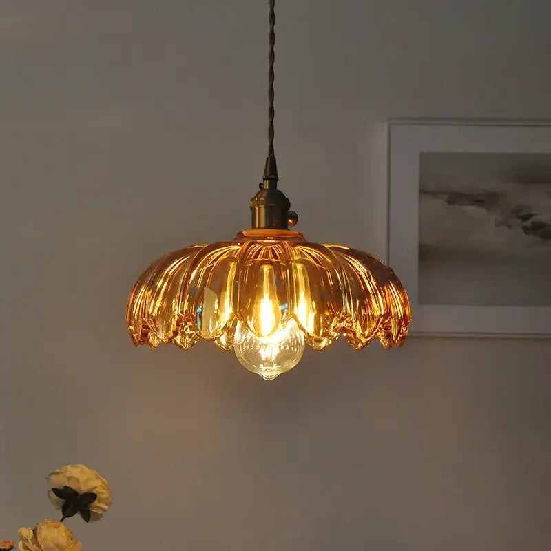Amber Glass Brass-Cable Dining Pendant Lamp