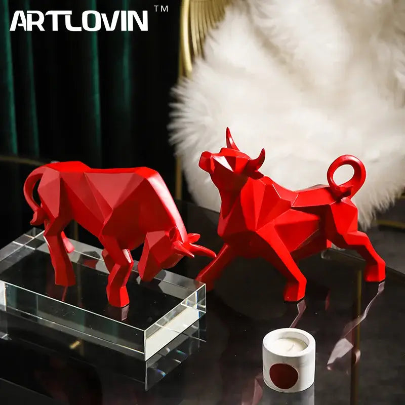 Red Geometric Bison Sculpture