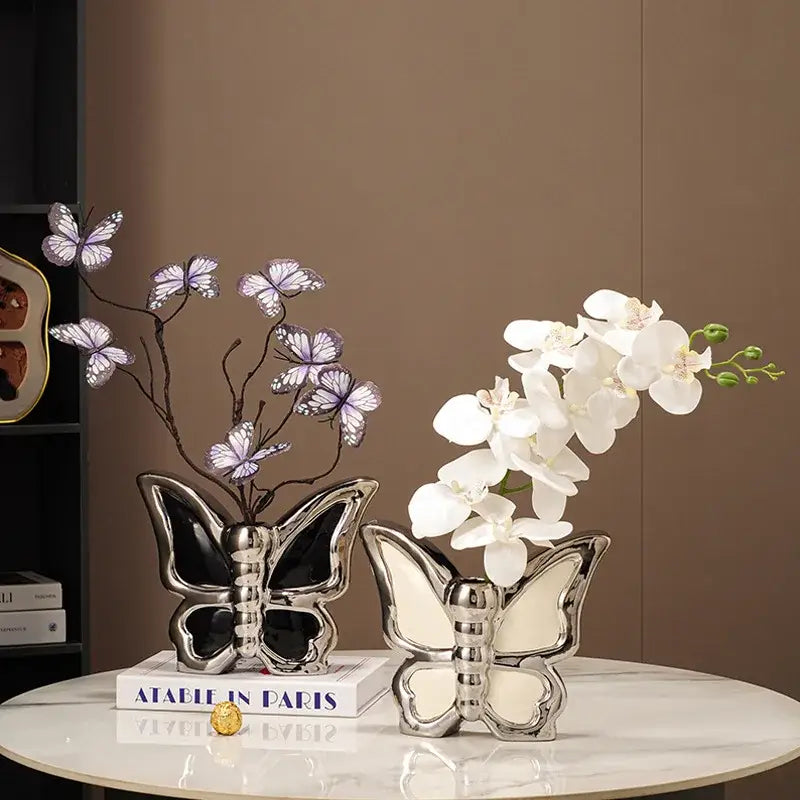 Black White Ceramic Vase with Butterfly Motif