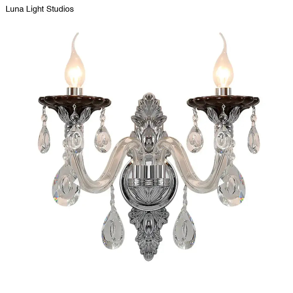 Silver Crystal Wall Sconce Dual-Head Drops