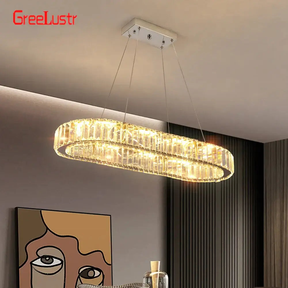 Chrome Oval Crystal Remote Dimming Living Room Chandelier