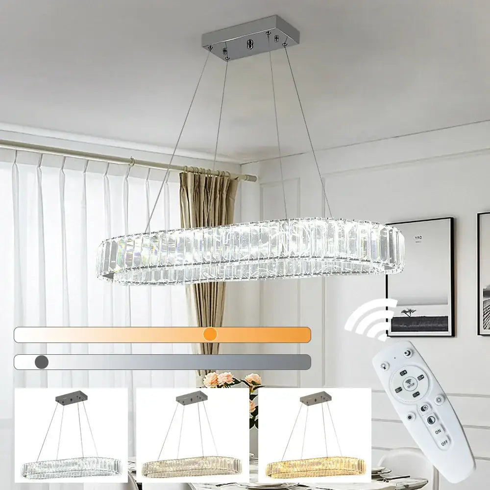 Chrome Oval Crystal Remote Dimming Living Room Chandelier