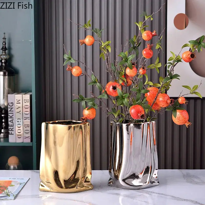 Silver Pleated Ceramic Vase
