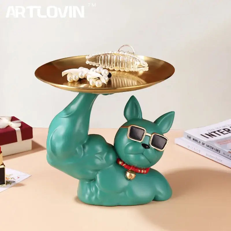 Teal Bulldog Tray Sculpture