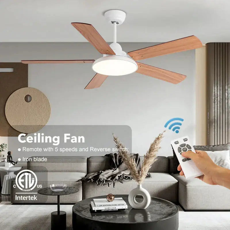 White Wooden Five-Blade Ceiling Fan