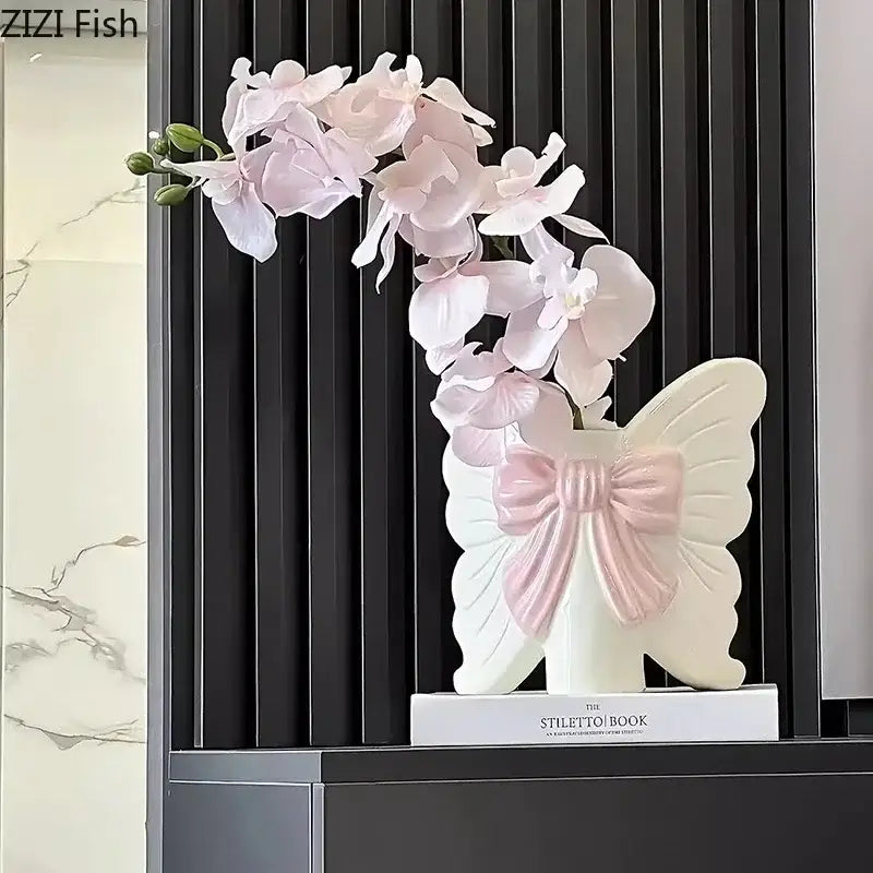 White Butterfly Ceramic Vase with Pink Bow