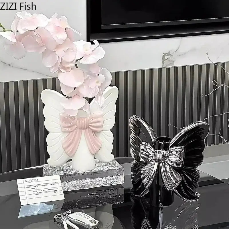 White Butterfly Ceramic Vase with Pink Bow