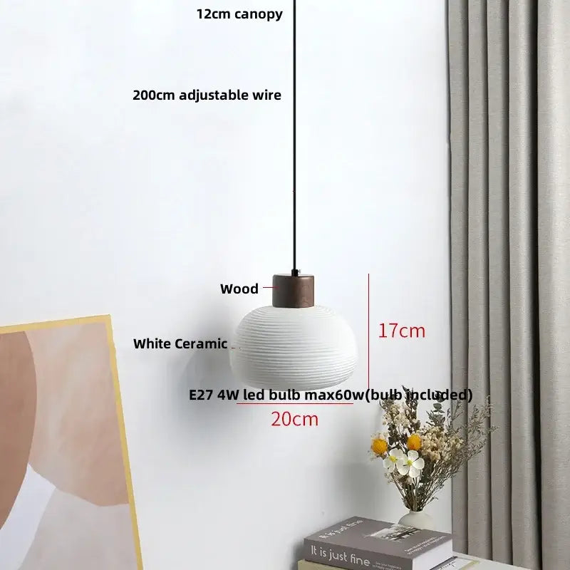 White Ceramic Wood Pendant Light Nordic Style
