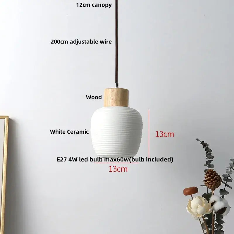 White Ceramic Wood Pendant Light Nordic Style