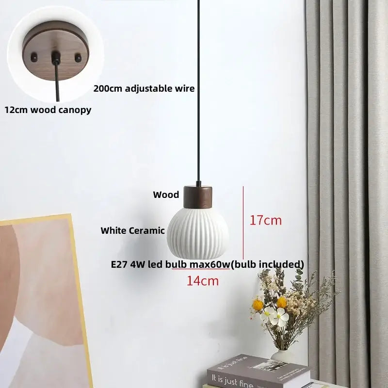 White Ceramic Wood Pendant Light Nordic Style