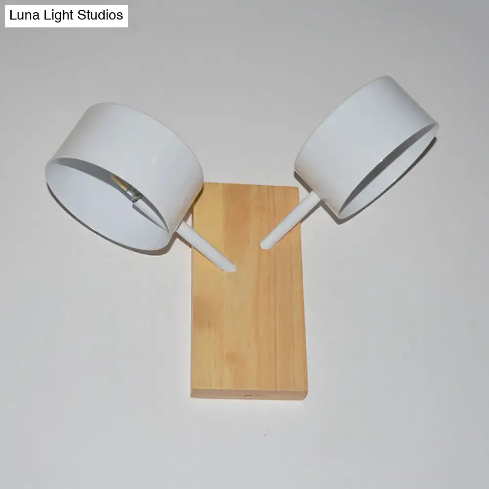 White Dual Drum Wood Wall Sconce