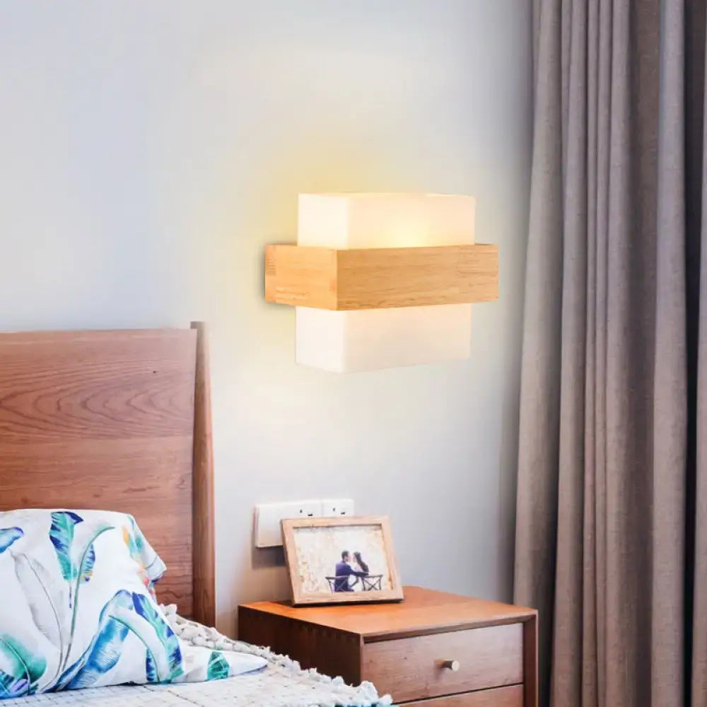 White Glass Wood Sconce