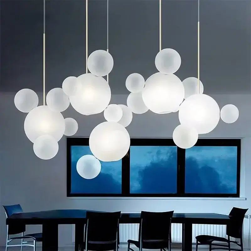 White Glass Bubble Chandelier with Copper Finish