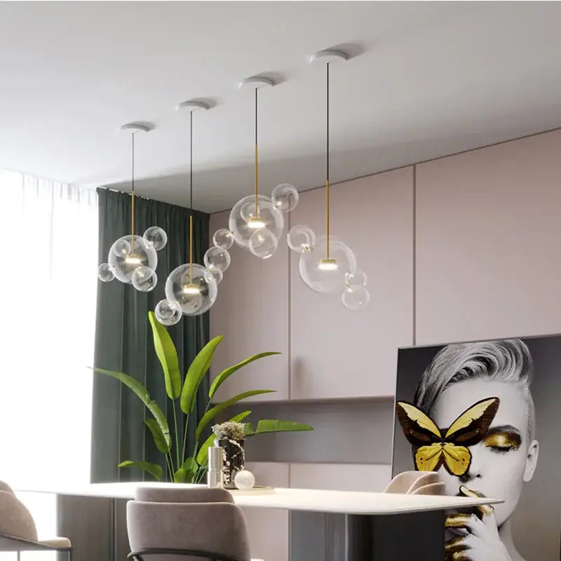 White Glass Bubble Chandelier with Copper Finish