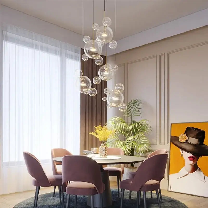 White Glass Bubble Chandelier with Copper Finish