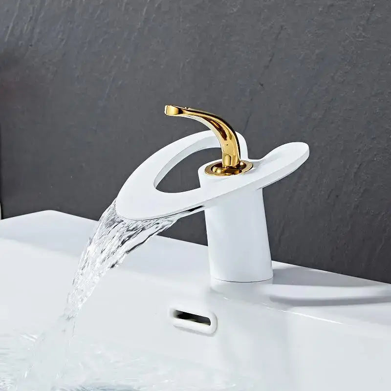 Gold Waterfall Basin Faucet White and Gold Finish