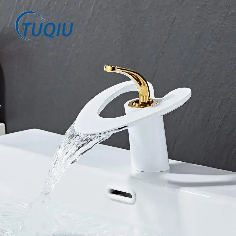 Gold Waterfall Basin Faucet White and Gold Finish