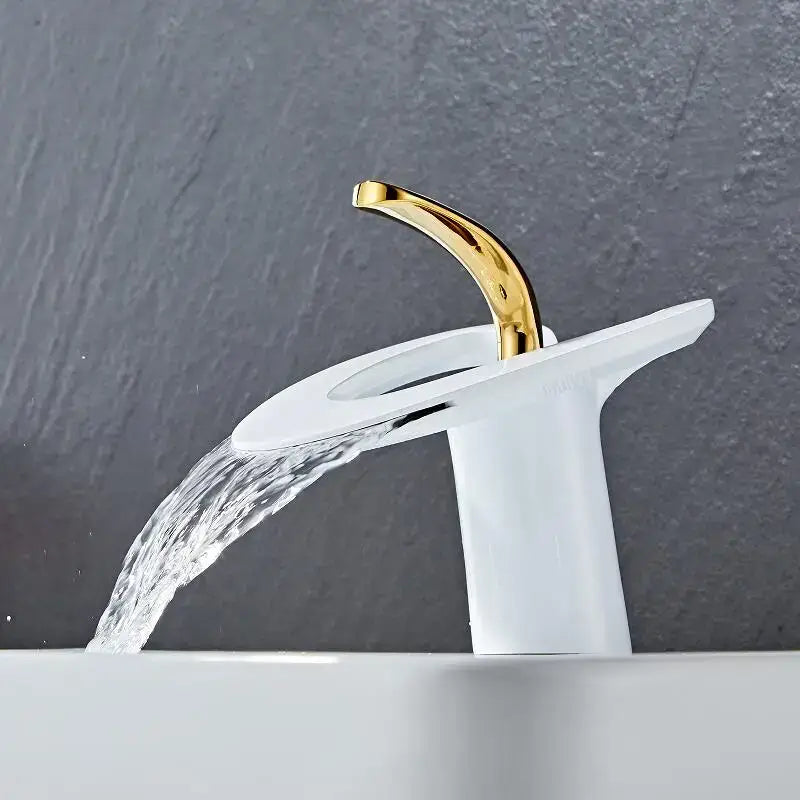Gold Waterfall Basin Faucet White and Gold Finish