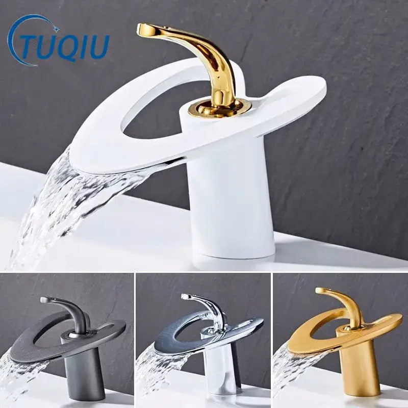 Gold Waterfall Basin Faucet White and Gold Finish