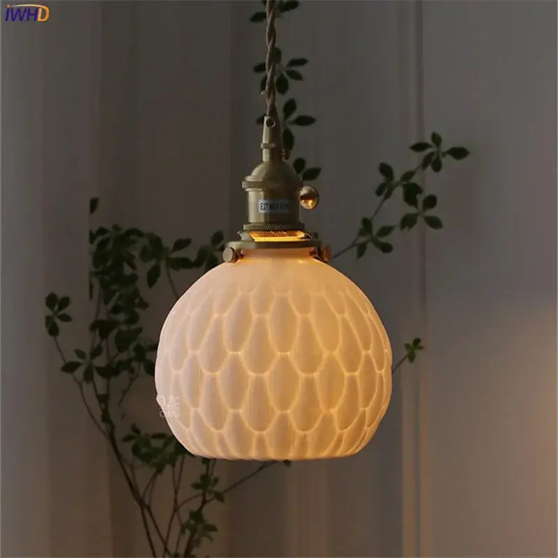 White Ceramic Pendant Light with Textured Glass