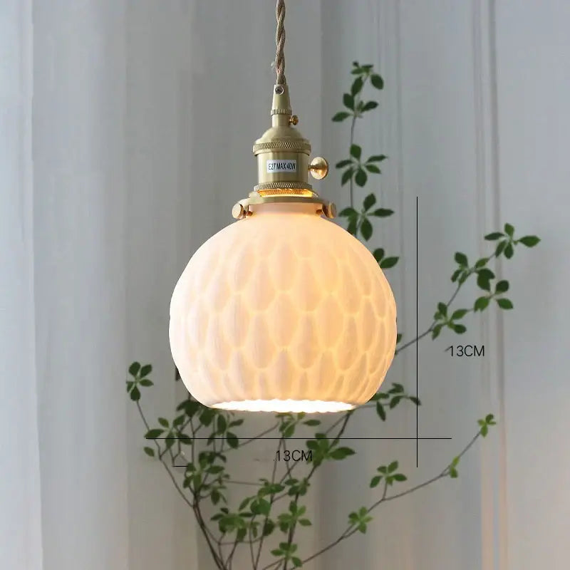 White Ceramic Pendant Light with Textured Glass