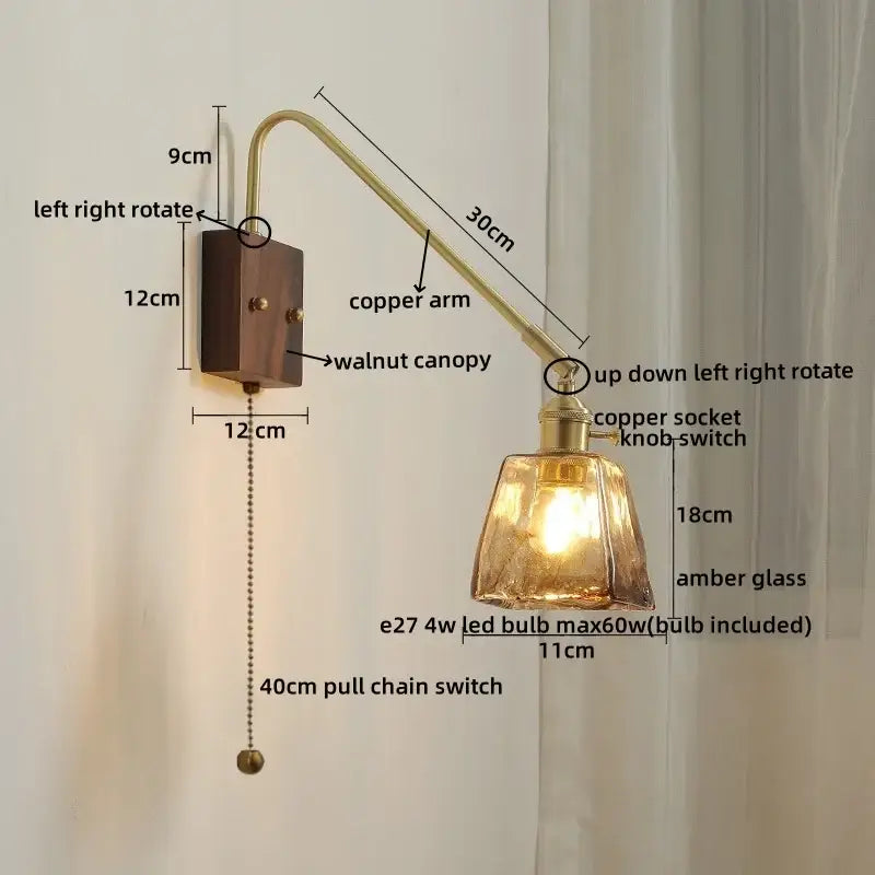 Copper Glass Wood Wall Sconce For Stairway