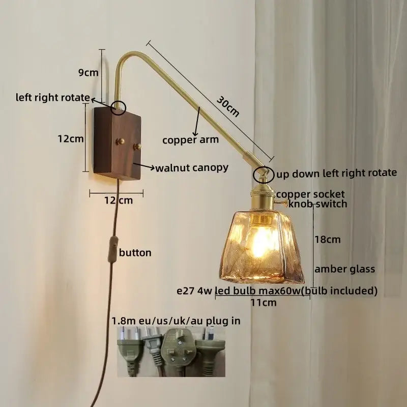 Copper Glass Wood Wall Sconce For Stairway