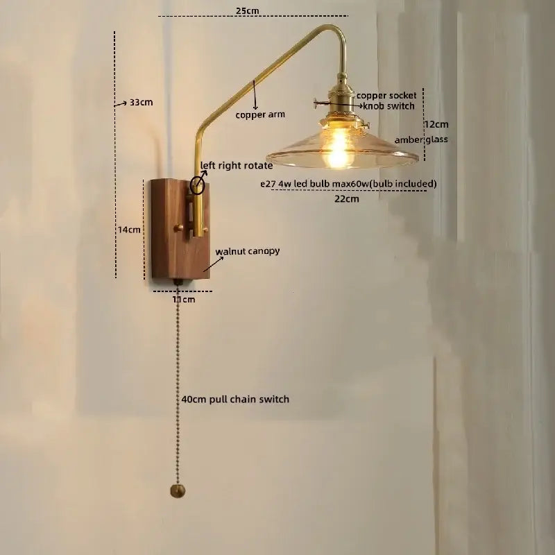 Copper Glass Wood Wall Sconce For Stairway