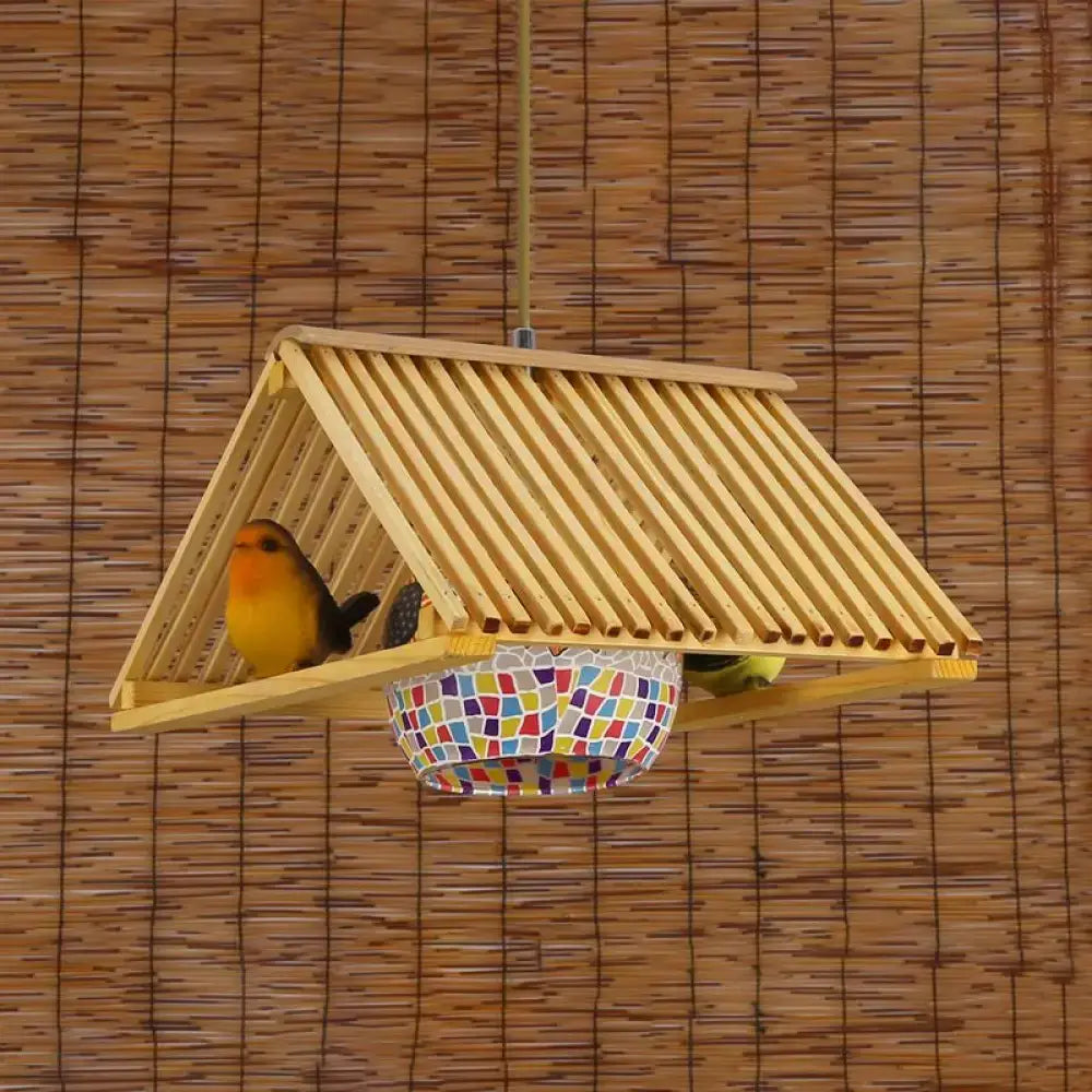 Bamboo Wood Roof-Shaped Outdoor Pendant Light