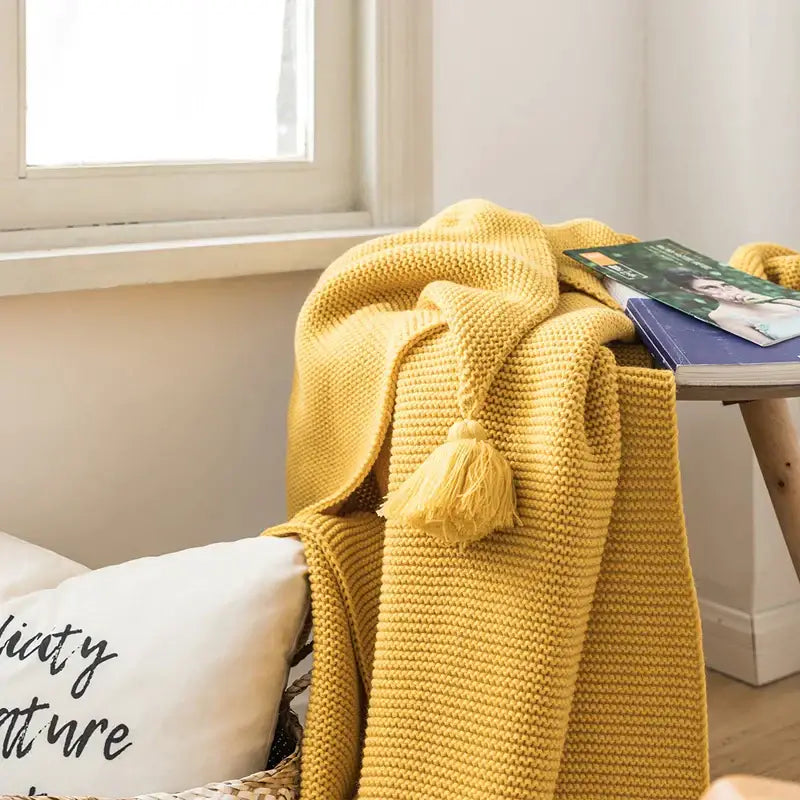 Yellow Knit Pompom Throw