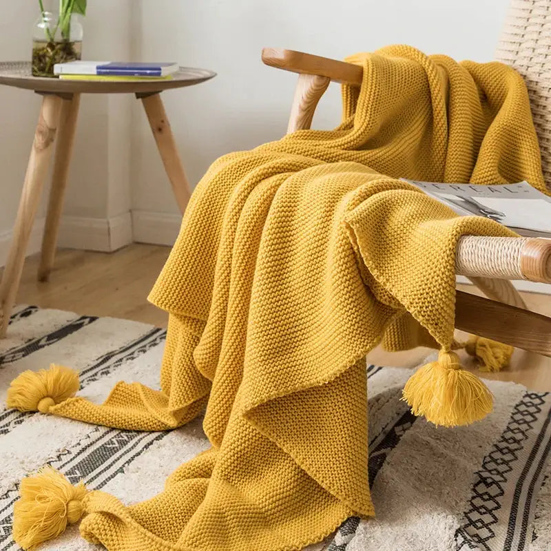 Yellow Knit Pompom Throw