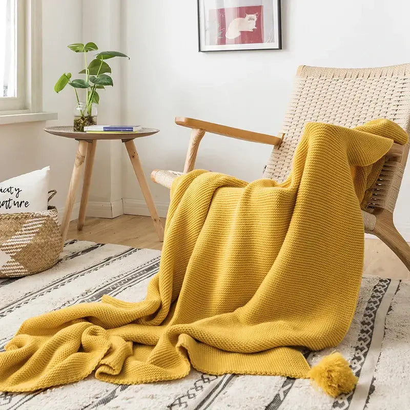 Yellow Knit Pompom Throw