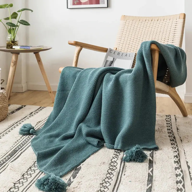 Yellow Knit Pompom Throw