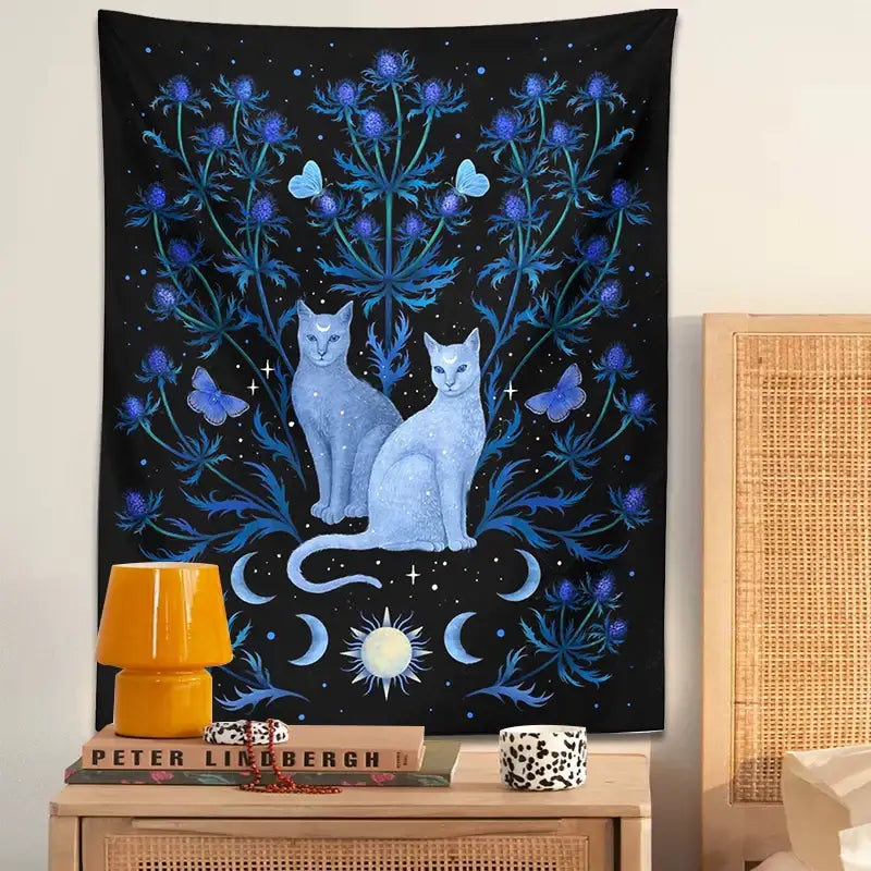 Black Blue Cat Tapestry