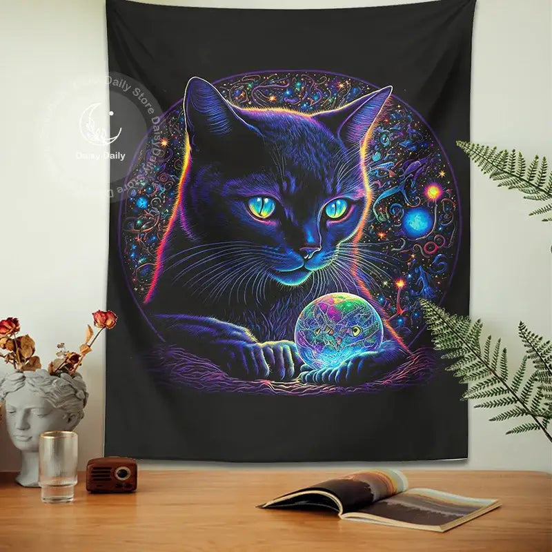Neon Black Cat Tapestry