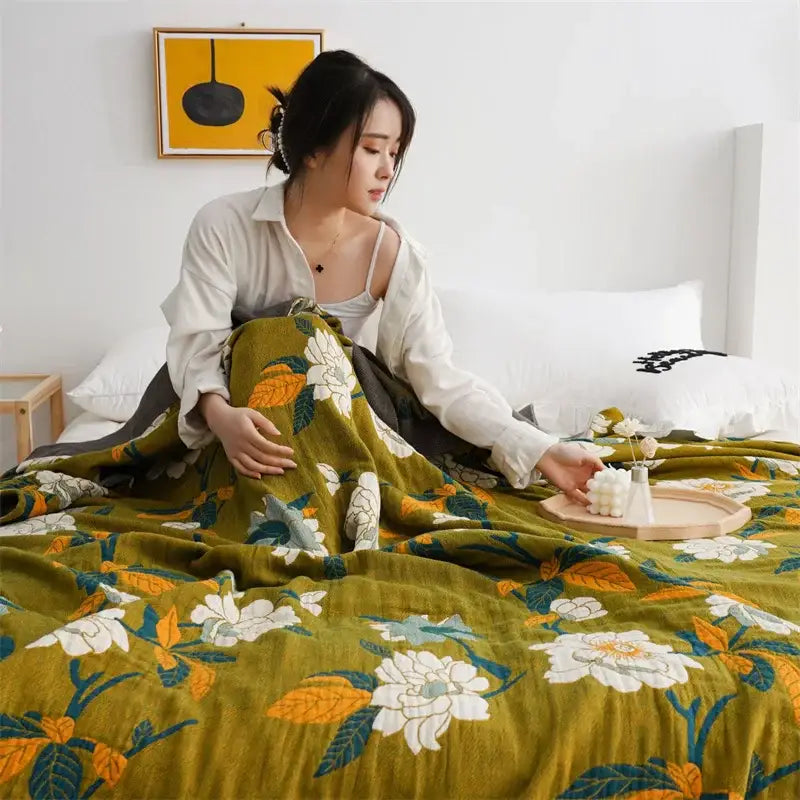 Green Floral Cotton Plaid Blanket