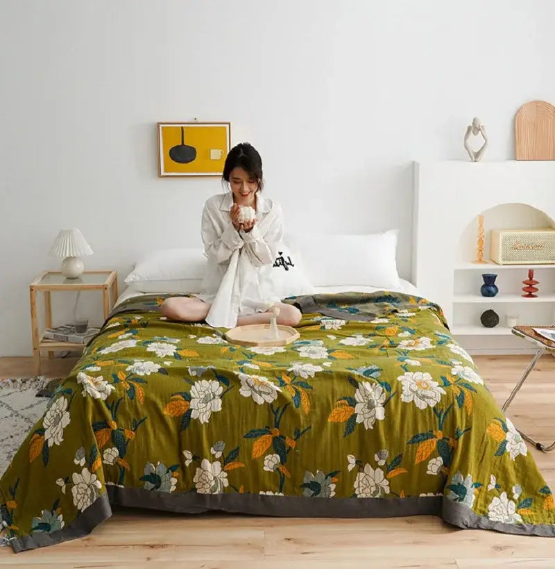 Green Floral Cotton Plaid Blanket
