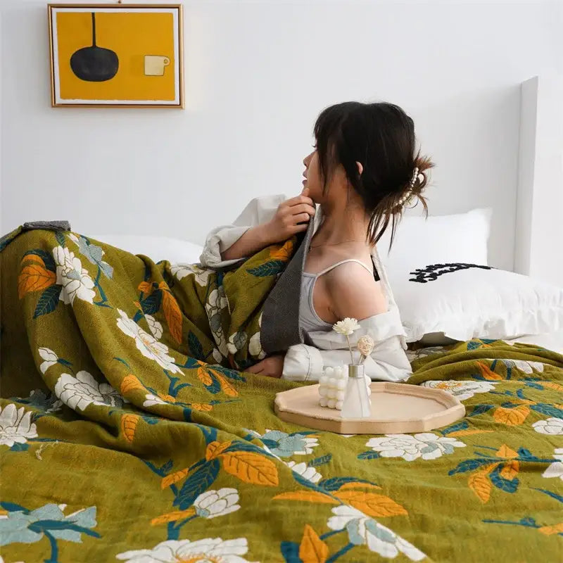 Green Floral Cotton Plaid Blanket