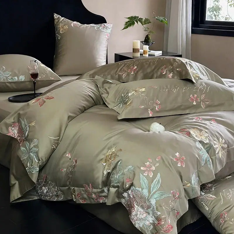 Green Embroidered Cotton Bedding