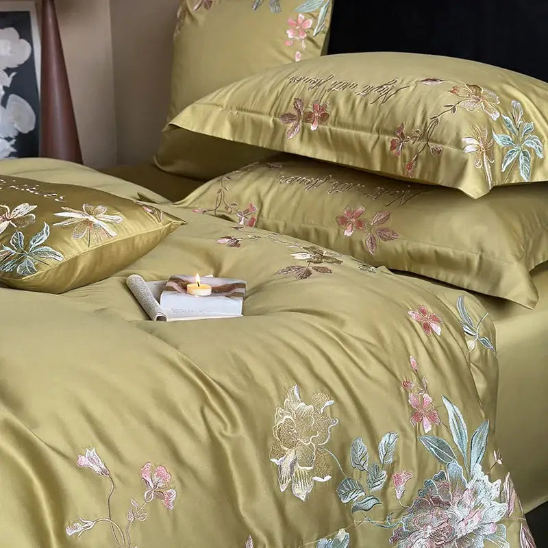 Green Embroidered Cotton Bedding