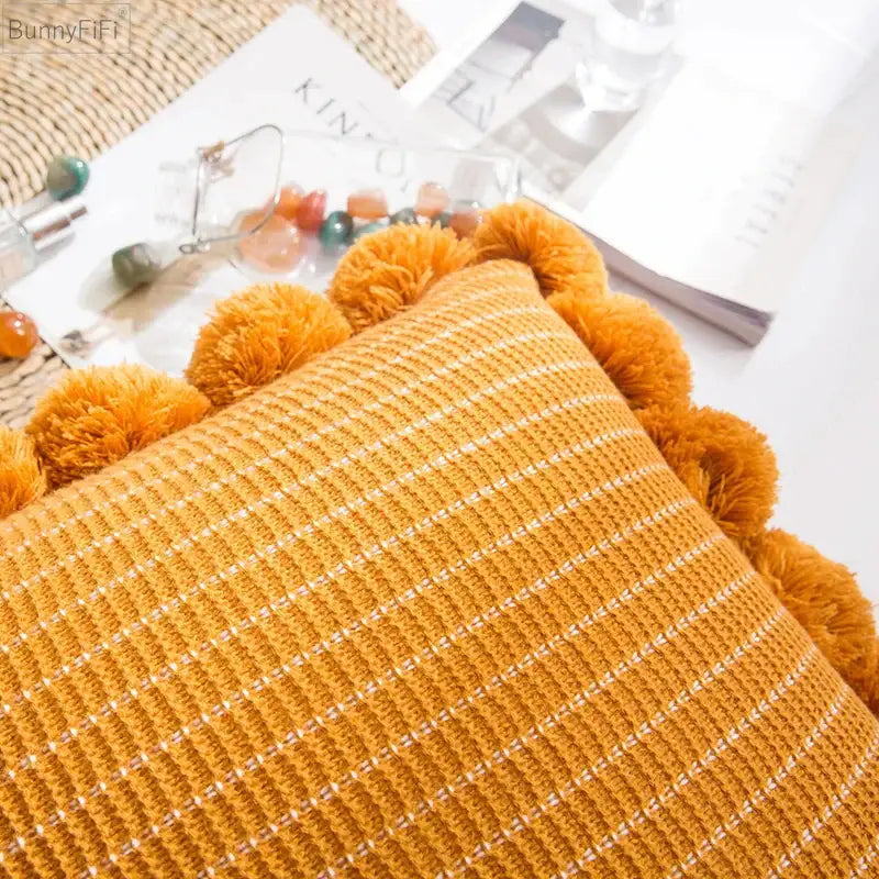 Orange Pompom Cushion Cover