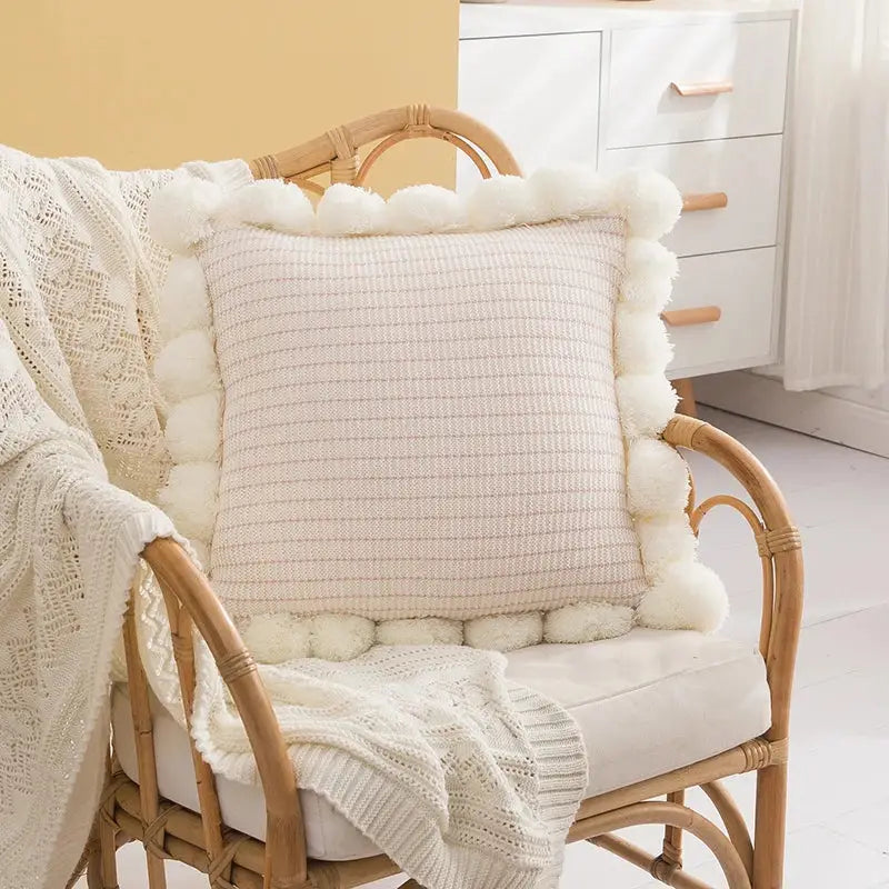 Orange Pompom Cushion Cover