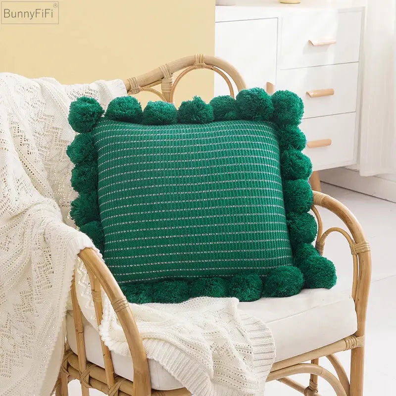 Orange Pompom Cushion Cover