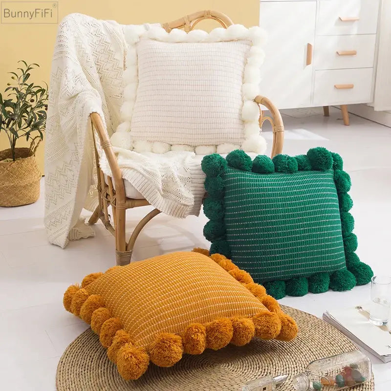 Orange Pompom Cushion Cover