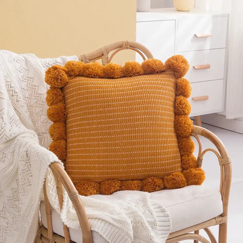 Orange Pompom Cushion Cover