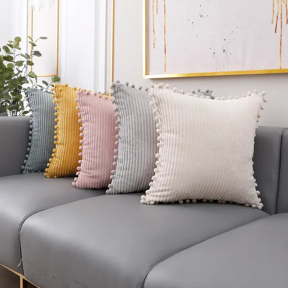 Corduroy Pompom Cushion Cover